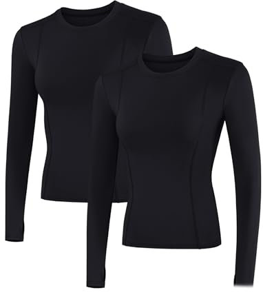 IECCP Sportshirt Damen Langarm Gym T-Shirt Laufshirt Leicht Fitness Oberteil Sweatshirt Yoga Langarm Top mit Daumenloch 2er Pack Schwarz XL