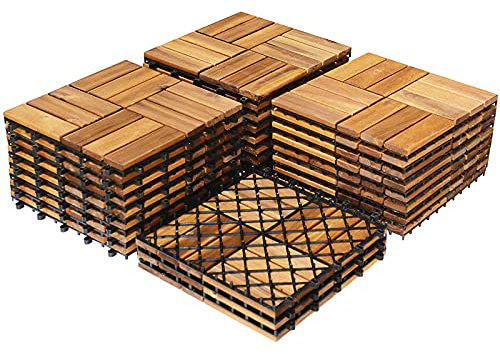 COSTWAY 27 Pcs Decking Tiles, 30 x 30cm Acacia Hardwood Interlocking Floor Tiles, Cuttable Deck Tile for Indoor Outdoor Patio Garden Balcony Pavement, Tools Free Assembly