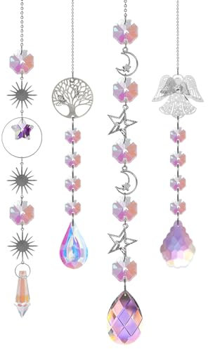 DKDDSSS 4 Stück Sonnenfänger Kristall, Baum des Lebens und Engel Sonnenfänger, Stern Sonne Mond Suncatcher, Sonnenfänger Fenster, Regenbogen Kristall Sonnenfänger, für Zuhause Gartendeko