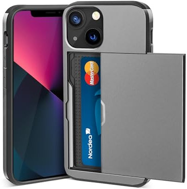 ACOCOBUY for iPhone 13 Case with Card Holder Sliding Cover Hidden Pocket IDs Credit Cards Slot Heavy Duty Shockproof Protective Dual Layer Wallet Phone Cover Back Shell for Men Women 6.1 inch Gray