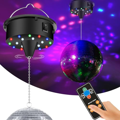 5/8/10/15 RPM Disco Ball Spinner with Remote, Disco Ball Motor and Light | Wedding & Birthday Party Decor, 4 Color Lights and 18 LED Beads, Batteries Operated, Compatible with 6-15 inch Mirror Ball