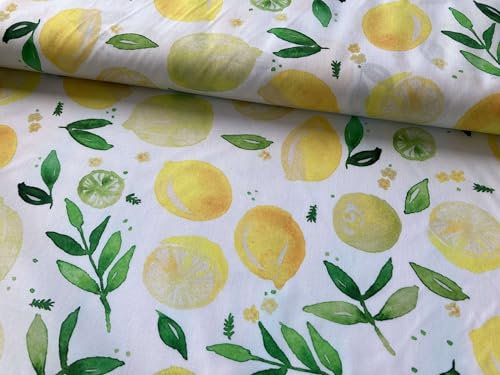 Keine Meterware, Stoffe zum Nähen, Stoff für Kinder und Damen, 100% Baumwolle: 0,5m Baumwollstoff mit Zitronen und Blüten - gelb grün weiß