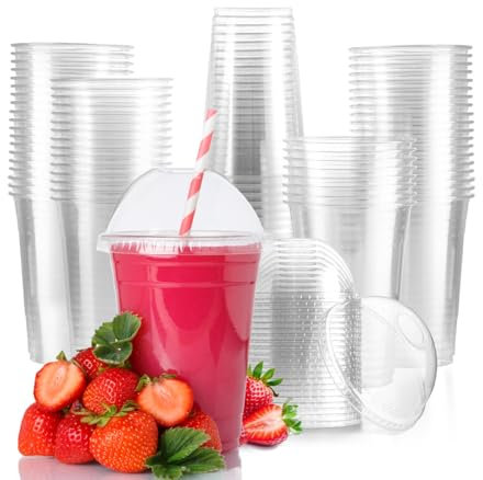 MAX SOLUTIONS Plastic Smoothie Cups with Dome Lids Iced Coffee Milkshakes Slushy Bubble Tea Reusable Clear Plastic Cups Disposable Hand Washable (10, 16oz (453ml))