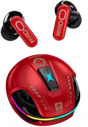 ZOMBIES CAT cuffie bluetooth cancellazione rumore attiva 60 ore auricolari bluetooth cancellazione rumore bassi profondi cuffie auricolari in ear RGB Light, B5 Rosso