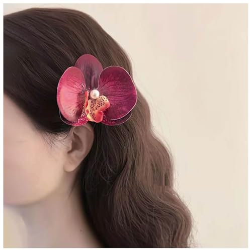 Inilbran Boho Large Flower Hairclips Vintage Orchid Flower Hair Barrette Hawaiian Flower Floral Hairpins Weddings Flower Hair Clips Barrette Butterfly Orchid Hair Pin Decorative(Red)