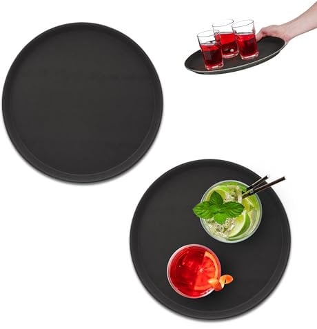 Relaxdays Set 2 Bandejas Bar, Redondas 2 x 35 cm, Plato Servir, Superficie Antideslizante, Camareros, Gastronomía, Negro, Caucho