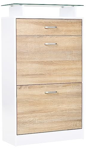 HOMCOM Mueble Zapatero Armario Zapatero con 3 Cajones Estante de Vidrio y Asa de Aluminio para Pasillo Entrada Carga 50 kg 60x24x105,5 cm Natural