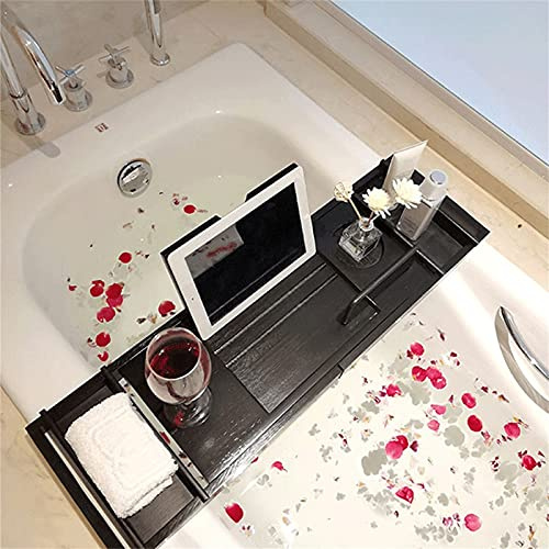 Badewannenablage Schwarz Ausziehbare Badewannentablett aus Bambus rutschfeste Wannenablage Badewannen Zubehör mit Tabletts und Schallwand Hält Buch, Telefon, Glas, Kerze
