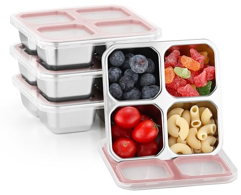 Misichao Stainless Steel Snack Boxes with 4 Compartments 4 Pack (Pink-4) | Reusable Snack Containers Small Bento Lunch Box for Kids Adults Divided Meal Prep Containers for School Work and Travel