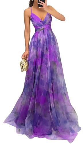 shownicer Vestito Donna Elegante Abito Cerimonia Vestito Lungo Estivi Scollo a V Senza Maniche Vestiti Stampa Floreale A Viola XL