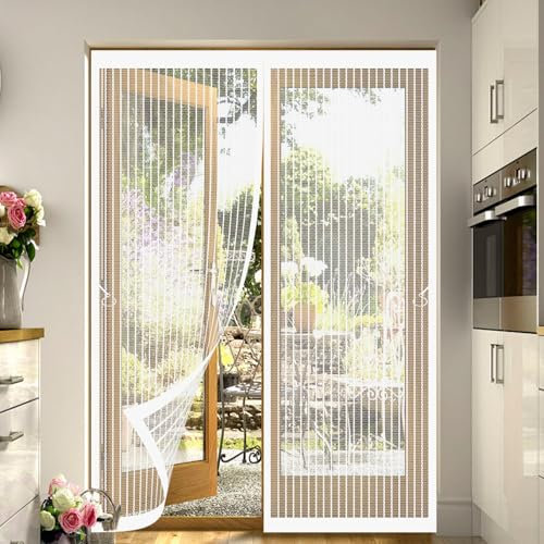 Magnet Fliegengitter Tür 98 x 198 cm Fliegengitter Tür Ohne Bohren Magnetvorhang Insektenschutz Langlebige Kratzfest Insektenschutz für Wohnzimmer, Schiebetür, Flur, Weiß