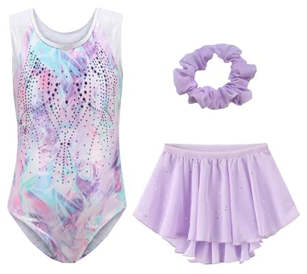SEAUR Fille Justaucorps Gymnastique Sans Manches Gymnastique Ensemble Gymnastique avec Jupe et Bandeau Multicolore Glitter 11-12 ans