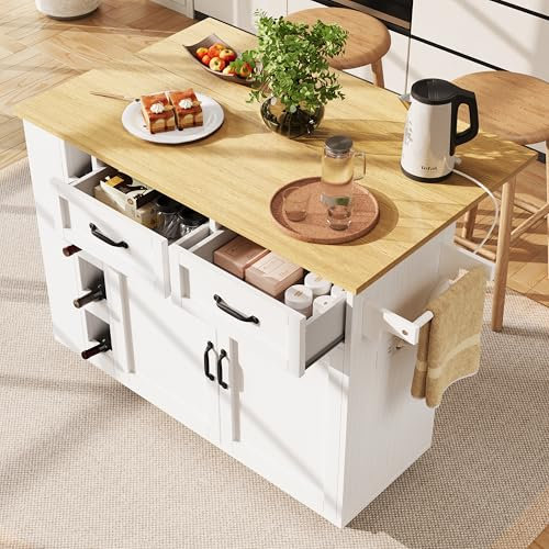 LAKFEW Isla Cocina con Ruedas y Enchufes, Aparador Cocina con Tablero Plegable y Botellero, Mueble Auxiliar de Cocina Isla de Cocina con 2 Cajones y Toallero, 131.5x43(76) x90.7 cm, Blanco+Natural
