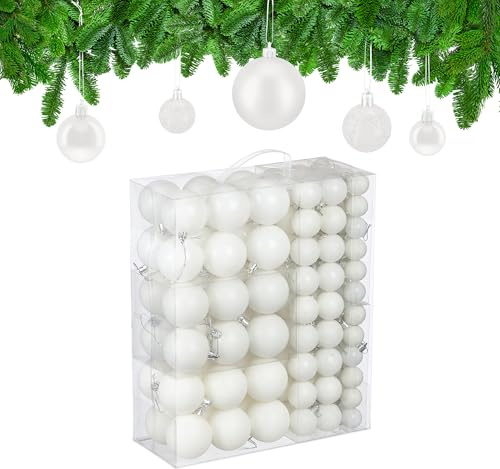 Relaxdays Weihnachtskugeln im 138er Set, Kunststoff, glitzernde, Matte, glänzende Baumkugeln, Christbaumschmuck, weiß