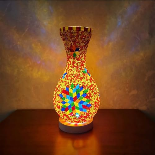 wpdash Mosaik-Vase, Lampe, türkische marokkanische Tischlampe, bunt, handgefertigt, Glasvase mit Holzsockel, kann mit Blumen arrangiert werden, Deko-Licht für Schlafzimmer, Wohnzimmer, Bauernhaus (13