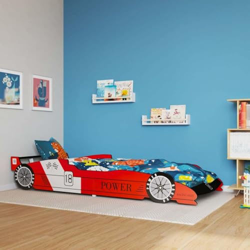 IBUQDDV Rennwagen-Bett 90x200 cm Rot, Kinderbett mit Rennwagen-Design, Stabiler Rahmen und Schutzgeländer für Sicherheit, robuste Sperrholzlatten, einfache Montage, hochwertige