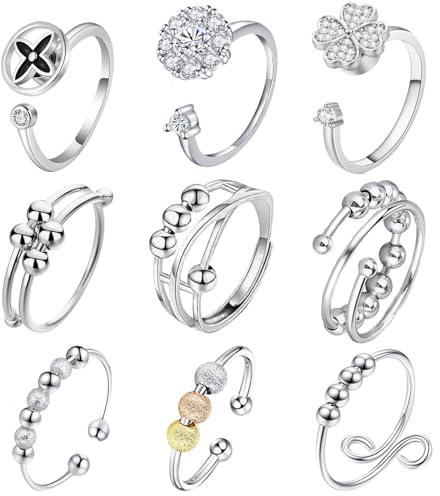 MLPKOI 9 Anillo Antiestres Mujer, Ajustable Anillos Giratorios de Ansiedad Joyería Regalos para Mujeres Niña Hombre