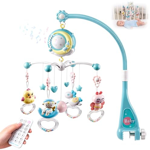 Dcceeo Movil Cuna Bebe, Móvil Musical para Cuna de Bebé con Proyector y Luz de Noche, Extraíble Colgando Girando Sonajeros y 150 Melodias Caja de Musica, Mobile Bebe Móvil Cuna para Bebé 0 a 24 Meses