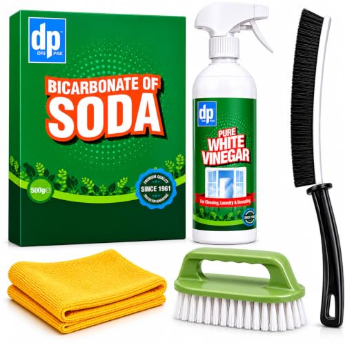 Baking Soda For Cleaning Bundle - Bicarbonate Of Soda For Cleaning, Vinegar For Cleaning Spray, Crevice Cleaning Brush, Micro Fibre Cloth, Scrubbing Brush With Handle - Bathroom Cleaning Brush