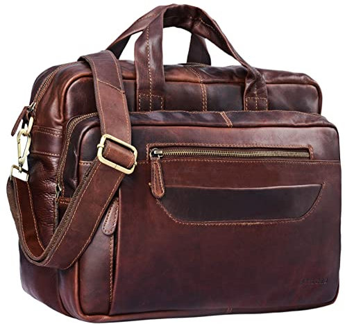 STILORD 'Challenger' Große Leder Umhängetasche Herren Damen 15,6 Zoll Laptoptasche Lehrertasche Aktentasche für 2 Aktenordner XL Arbeit Büro Studium Vintage, Farbe:cognac - dunkelbraun