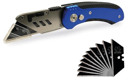 KELI - Cutter utilitaire professionnel, couteau pliant + 10 Lames Black Blade SK2 (Durée de vie 3 fois supérieure), Alu + Gomme, En Aluminium Coulé sous Pression