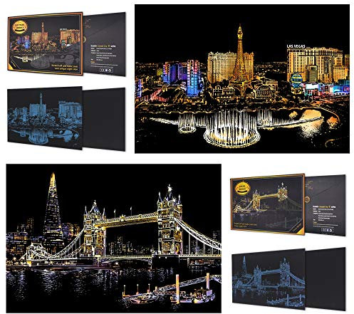SiYear Scratch Paper Regenbogen Gemälde Skizze, City Series Night Scene, Scratch Painting kreative Geschenk, Scratchboard für Erwachsene und Kinder mit 4 Tools '' (Las Vegas + Tower Bridge)