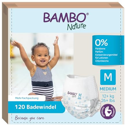 Bambo Nature Schwimmwindel Baby Größe M (12+ kg), Megapack 120 St. Windeln | Secure-Fit Einweg-Badehose | Auslaufsicherer Komfort beim Wasserspiel