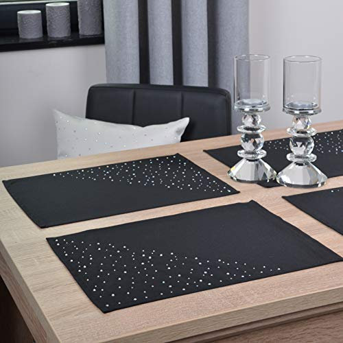 DECOOR - schmutzabweisendes Tischläufern, 30 x 40 cm, Schwarz, veredelt mit einem ästhetischen Rückseite auf 1 cm, verziert mit Kristallen, Gewebe 200 g/m², 100% Polyester, hergestellt in der EU