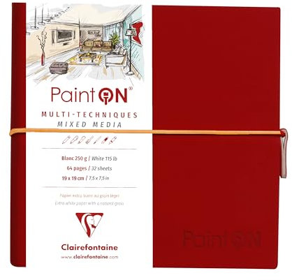 Clairefontaine 975435C - Skizzenbuch mit Fadenbindung, 64 Blatt Zeichenpapier PaintOn weiß 19x19 cm 250g, Gummizugverschluss, Softcover Rot