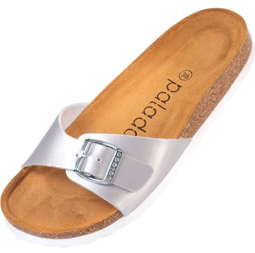 Palado Pantoletten Damen Malta Metallic – gefertigt in Spanien – weiche Veloursleder-Decksohle – robuste EVA-Sohle – edles Metallic-Design Silber UK9 - EU42
