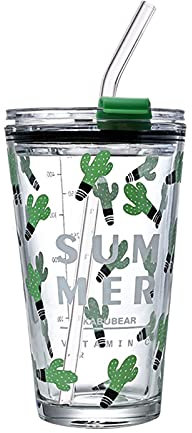 Recycled Glass Cup 450ml with Handle and Straw Transparent Juice Milk Tea Water Bottle with Lid and Scale Drinking Straw Coffee Cup Glasses (Cactus)