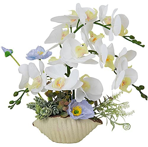 LESING Künstliche Orchidee mit Vase, realistische Orchideen, Bonsai-Pflanzen im Topf, Arrangement für Zuhause, Hochzeit, Party, Esstisch, Tischdekoration (weiße Vase, WB)
