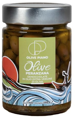 Agricola Piano Gewürzte entsteinte grüne Oliven Peranzana in Öl 314 ml | Gewürzte Oliven in Öl: entsteinte Peranzana-Oliven mit Knoblauch, Petersilie und Chili – Antipasti, 314-ml-Glas