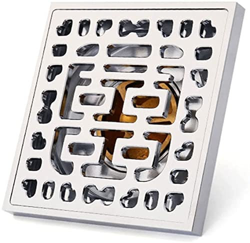 YJYKXP 10,2 cm Duschablauf Messing Duschablauf mit abnehmbarer Abdeckung, Gitterrost, quadratischer Bodenabtropfer mit Haarsieb für Küche, Waschraum, Garage und Keller, Chrom (weiß: C)