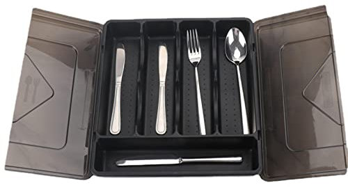 MISNODE Soporte para utensilios con tapa, contenedor organizador de cubiertos, 5 compartimentos para cubiertos de cocina, contenedor de almacenamiento de cubiertos con cubierta para cajón de encimera