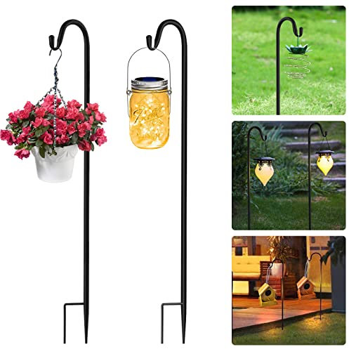 AKOFIC 2 Pack Shepherds Crook Hooks, 100cm/39.4in Adjustable Height Shepherds Hooks with Base, Metal Garden Stake Border Hook Hangers for Garden Lights Plant Baskets Weddings Lanterns Bird Feeder