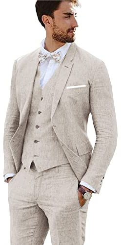 Furuyal Leinenanzug, 3-teilig, Vintage-Retro-Stil, Hochzeit, Abschlussball, Anzüge, schmale Passform, Jacke, Blazer, Bräutigam, Smoking, Beige, M