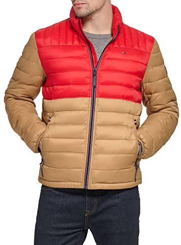 Tommy Hilfiger Men's Ultra Loft Lightweight Packable Puffer Jacket (Standard and Big & Tall) Down Alternative Coat, Khaki/Red Colorblock, L