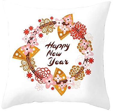 16x16 Pillow Covers Only, Funny Pillowcase White Red Flower Fan Wreath Happy New Year Christmas Polyester Xmas for Bed Sofa