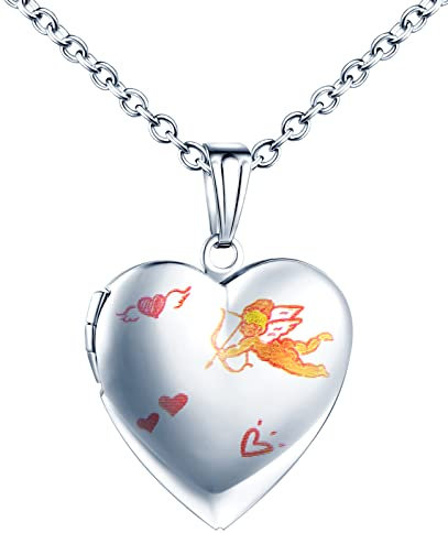 MicLee Damen Kette Foto Amor schickt Liebe Herz Medaillon Photo Bilder Amulett Silber Edelstahl Anhänger Halskette mit Geschenkbox Grußkarte, Super Geschenk für Paar Pärchen Mutter Tochter
