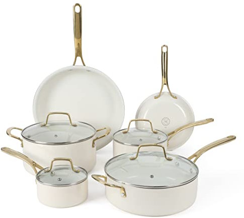 Martha Stewart Lockton - Set di pentole in alluminio smaltato antiaderente in ceramica da 10 pezzi - lino con manico in oro