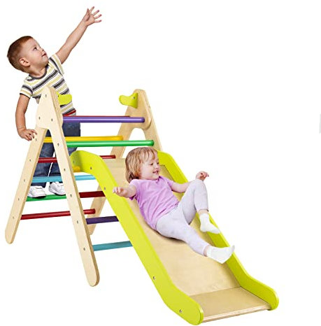 GOPLUS 2 in 1 Kletterspielzeug mit Verstellbarer Rutsche, Dreieckige Kletterleiter aus Holz, Sicherheitshandläufen, Kletterwand im Innen- & Außenbereich, für Zuhause & Kindergarten (Bunt)