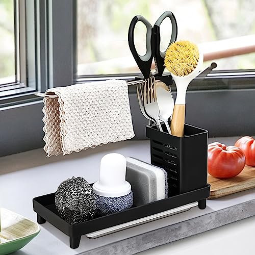 Lergas Spülbecken Organizer Schwarz Küchen Organizer mit Abnehmbar Abtropfschale Organizer Küche mit Handtuchhalter Schwammhalter Küche Spüle Organizer für Schwämme Geschirrtuch Reinigungsbürste