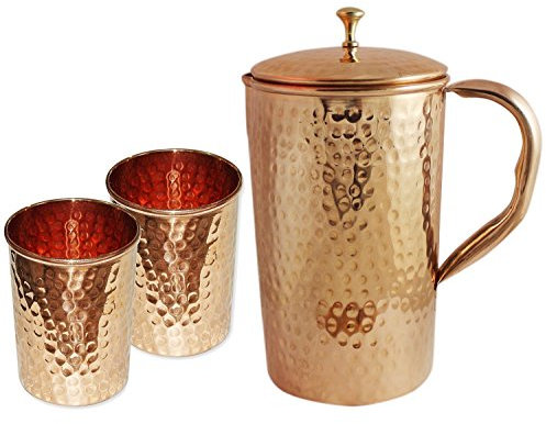 Jarra india de cobre puro martillado con 2 vasos de vidrio para curación ayurvédica
