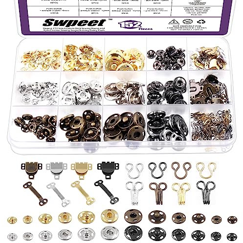 Swpeet 152 pares de ganchos de falda y ojos de 3 estilos, 4 colores, gancho de costura con botones de metal a presión, kit surtido de broches de costura y pestillo de ojo con botones de presión de