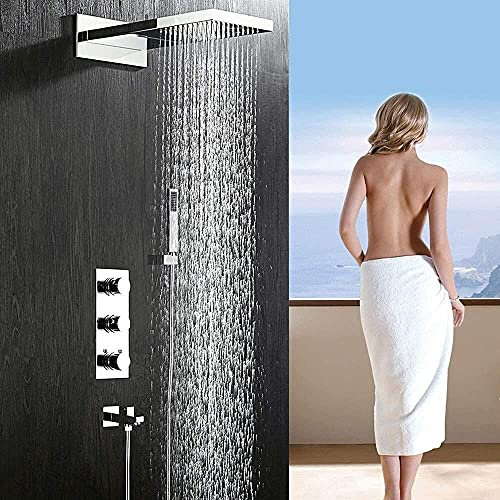 GOODBZ Termostato de Cobre Cascada de Lluvia en la Pared Ducha Oculta Juego de Ducha de baño 3 Funciones Sistema de Grifo de Ducha de Mano Plata Hermosa práctica