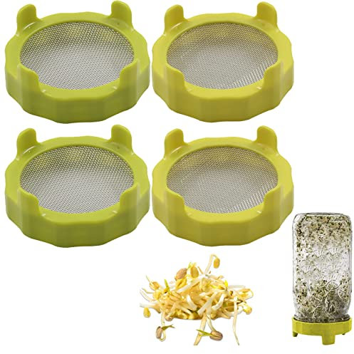 4 Pcs Plastic Mason Jar Sprouting lids with Stainless Steel Screen for Wide Mouth Grow Bean Sprouts,Germination Kit Sprouter Sprout Maker with Stand Water Tray Grow Bean Sprouts, Broccoli Seeds