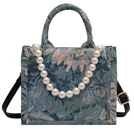 MOMEITU Sac fourre-tout de luxe en coton et lin une épaule grande capacité jacquard broderie rétro peinture à l'huile sac à main, Avec perles, L