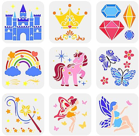 FINGERINSPIRE 9 Stück Fantasy Themen Schablonen 15x15 cm Schmetterlingsschablone Kunststoff Einhorn Sterne Feen Schloss Krone Zauberstab Muster Schablonen Sets Schablonen Für Tagebuch Scrapbooking