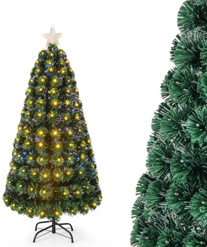 GYMAX Sapin de Noël Artificiel 150 CM, Arbre de Noël avec 170 Branches en PVC, 170 Lumières LED, Étoile Lumineuse, Fibre Optique et 8 Modes d'Éclairage, Décoration de Noël
